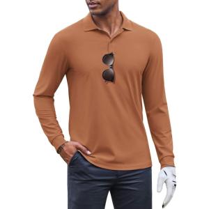 imageCOOFANDY Mens Long Sleeve Polo Shirts Moisture Wicking Golf Shirts Lightweight Athletic Collared ShirtLight Brown