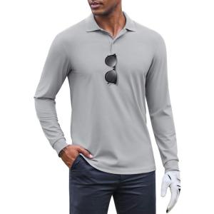 imageCOOFANDY Mens Long Sleeve Polo Shirts Moisture Wicking Golf Shirts Lightweight Athletic Collared ShirtLight Grey