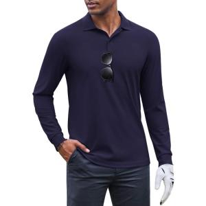 imageCOOFANDY Mens Long Sleeve Polo Shirts Moisture Wicking Golf Shirts Lightweight Athletic Collared ShirtNavy