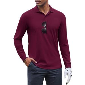 imageCOOFANDY Mens Long Sleeve Polo Shirts Moisture Wicking Golf Shirts Lightweight Athletic Collared ShirtWine Red