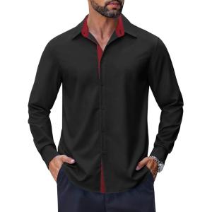 imageCOOFANDY Mens Long Sleeve Wrinkle Free Dress Shirts 2024 Inner Contrast Business Casual Button Down ShirtBlack