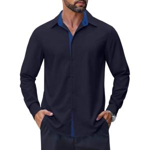 imageCOOFANDY Mens Long Sleeve Wrinkle Free Dress Shirts 2024 Inner Contrast Business Casual Button Down ShirtDeep Blue