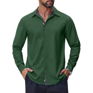 imageCOOFANDY Mens Long Sleeve Wrinkle Free Dress Shirts 2024 Inner Contrast Business Casual Button Down ShirtGreen