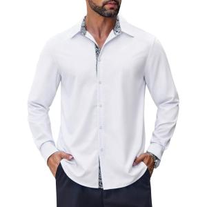 imageCOOFANDY Mens Long Sleeve Wrinkle Free Dress Shirts 2024 Inner Contrast Business Casual Button Down ShirtWhite