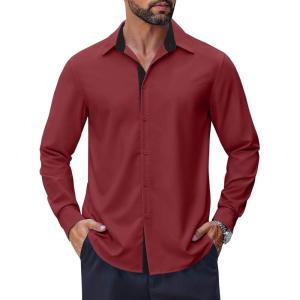 imageCOOFANDY Mens Long Sleeve Wrinkle Free Dress Shirts 2024 Inner Contrast Business Casual Button Down ShirtWine Red