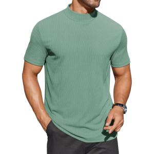 imageCOOFANDY Mens Mock Turtleneck Shirts Short Sleeve Casual Basic TShirts Ribbed Solid Pullover TopsGray Green