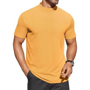 imageCOOFANDY Mens Mock Turtleneck Shirts Short Sleeve Casual Basic TShirts Ribbed Solid Pullover TopsYellow