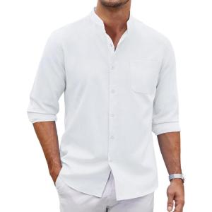 imageCOOFANDY Mens Oxford Shirts Long Sleeve Casual Button Down Shirts Band Collar Dress Shirt with PocketAll White