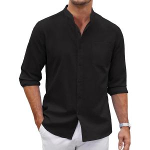 imageCOOFANDY Mens Oxford Shirts Long Sleeve Casual Button Down Shirts Band Collar Dress Shirt with PocketBlack