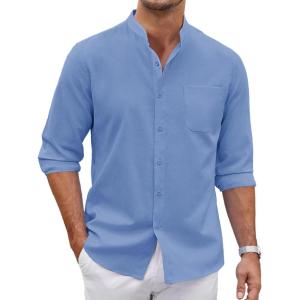 imageCOOFANDY Mens Oxford Shirts Long Sleeve Casual Button Down Shirts Band Collar Dress Shirt with PocketDenim Blue