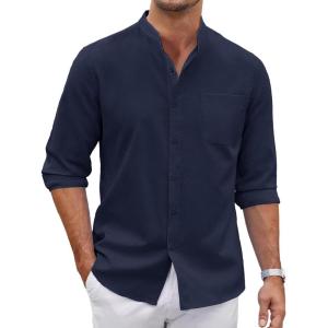 imageCOOFANDY Mens Oxford Shirts Long Sleeve Casual Button Down Shirts Band Collar Dress Shirt with PocketNavy Blue