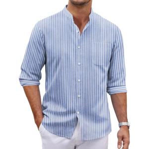imageCOOFANDY Mens Oxford Shirts Long Sleeve Casual Button Down Shirts Band Collar Dress Shirt with PocketStripelight Bluewhite
