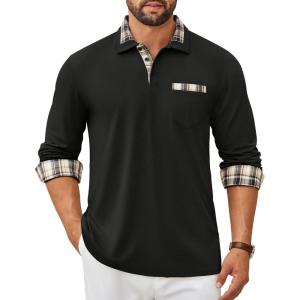 imageCOOFANDY Mens Polo Shirt Long Sleeve Casual Button Polo Tee Plaid Collared Golg Shirt with PocketAblack
