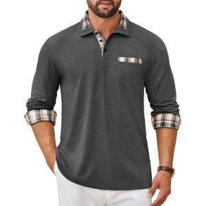 imageCOOFANDY Mens Polo Shirt Long Sleeve Casual Button Polo Tee Plaid Collared Golg Shirt with PocketCharcoal Grey