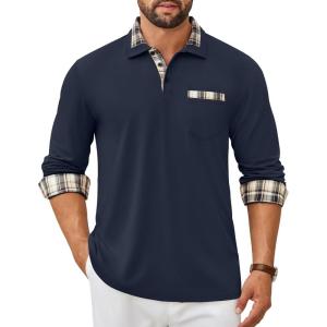 imageCOOFANDY Mens Polo Shirt Long Sleeve Casual Button Polo Tee Plaid Collared Golg Shirt with PocketDark Blue