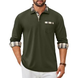 imageCOOFANDY Mens Polo Shirt Long Sleeve Casual Button Polo Tee Plaid Collared Golg Shirt with PocketDeep Army Green