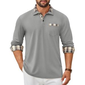 imageCOOFANDY Mens Polo Shirt Long Sleeve Casual Button Polo Tee Plaid Collared Golg Shirt with PocketGrey