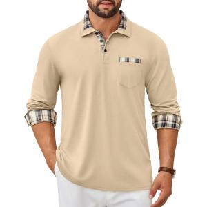 imageCOOFANDY Mens Polo Shirt Long Sleeve Casual Button Polo Tee Plaid Collared Golg Shirt with PocketKhaki