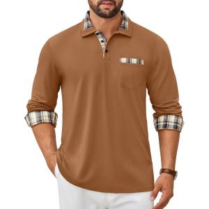 imageCOOFANDY Mens Polo Shirt Long Sleeve Casual Button Polo Tee Plaid Collared Golg Shirt with PocketLight Brown