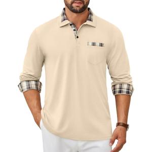imageCOOFANDY Mens Polo Shirt Long Sleeve Casual Button Polo Tee Plaid Collared Golg Shirt with PocketLight Khaki