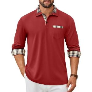 imageCOOFANDY Mens Polo Shirt Long Sleeve Casual Button Polo Tee Plaid Collared Golg Shirt with PocketRed