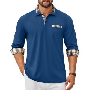 imageCOOFANDY Mens Polo Shirt Long Sleeve Casual Button Polo Tee Plaid Collared Golg Shirt with PocketRoyal Blue