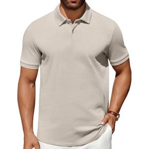imageCOOFANDY Mens Polo Shirts 100 Cotton Heavyweight Short Sleeve Button Golf Shirts Classic Pullover Ribbed Collar and CuffsApricot