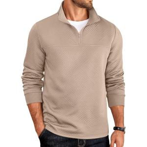 imageCOOFANDY Mens Quarter Zip Pullover Lightweight Textured TShirts Long Sleeve Casual Mock Neck Polo ShirtsKhaki