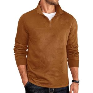imageCOOFANDY Mens Quarter Zip Pullover Lightweight Textured TShirts Long Sleeve Casual Mock Neck Polo ShirtsLight Brown