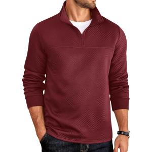 imageCOOFANDY Mens Quarter Zip Pullover Lightweight Textured TShirts Long Sleeve Casual Mock Neck Polo ShirtsWine Red