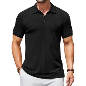 imageCOOFANDY Mens Textured Polo Shirts Short Sleeve Slim Fit Casual Button Polo TShirt Summer Collared Golf ShirtAll Black