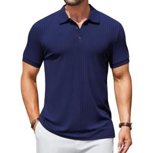imageCOOFANDY Mens Textured Polo Shirts Short Sleeve Slim Fit Casual Button Polo TShirt Summer Collared Golf ShirtNavy Blue