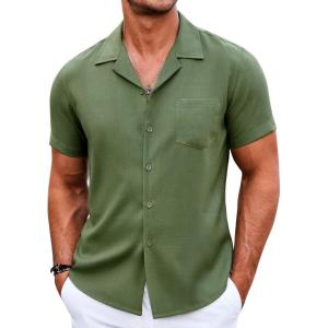 imageCOOFANDY Mens Casual Button Down Shirts Short Sleeve Summer Beach Shirt Cuban Vacation Textured Shirts with PocketArmy Green