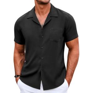 imageCOOFANDY Mens Casual Button Down Shirts Short Sleeve Summer Beach Shirt Cuban Vacation Textured Shirts with PocketBlack