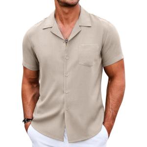 imageCOOFANDY Mens Casual Button Down Shirts Short Sleeve Summer Beach Shirt Cuban Vacation Textured Shirts with PocketKhaki