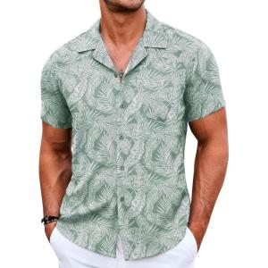 imageCOOFANDY Mens Casual Button Down Shirts Short Sleeve Summer Beach Shirt Cuban Vacation Textured Shirts with PocketLeaves Green