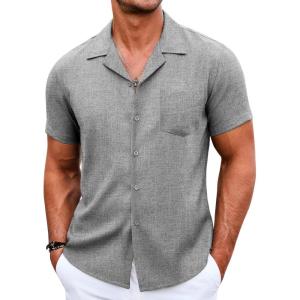 imageCOOFANDY Mens Casual Button Down Shirts Short Sleeve Summer Beach Shirt Cuban Vacation Textured Shirts with PocketLight Grey