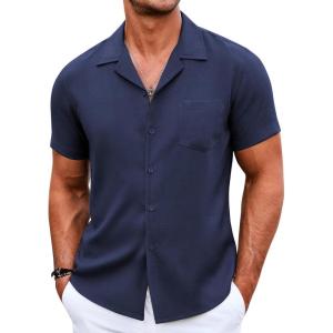 imageCOOFANDY Mens Casual Button Down Shirts Short Sleeve Summer Beach Shirt Cuban Vacation Textured Shirts with PocketNavy