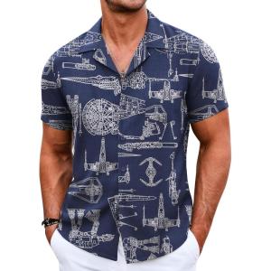 imageCOOFANDY Mens Casual Button Down Shirts Short Sleeve Summer Beach Shirt Cuban Vacation Textured Shirts with PocketSpaceship Navy