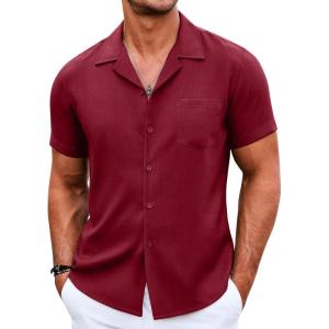 imageCOOFANDY Mens Casual Button Down Shirts Short Sleeve Summer Beach Shirt Cuban Vacation Textured Shirts with PocketWine Red