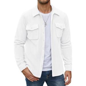 imageCOOFANDY Mens Polar Fleece Shirt Jacket Long Sleeve Casual Button Down Shirts Shacket with PocketsWhite