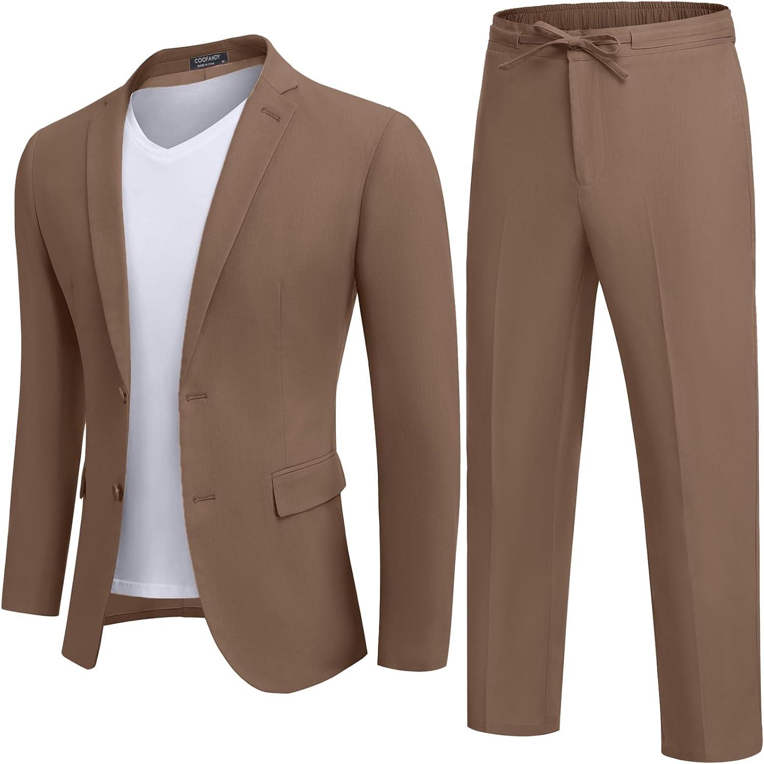 imageCOOFANDY Mens 2 Piece Linen Suits Set Regular Fit Casual Lightweight Blazer Jacket and PantsBrown