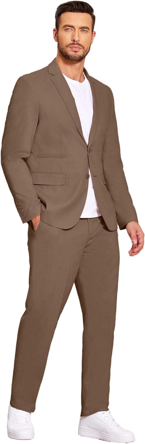 imageCOOFANDY Mens 2 Piece Linen Suits Set Regular Fit Casual Lightweight Blazer Jacket and PantsBrown