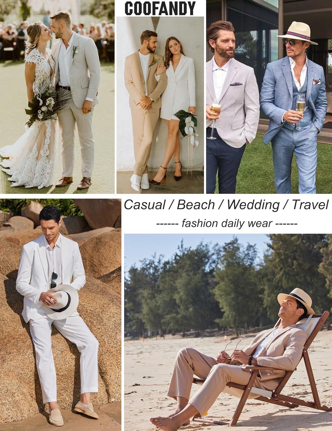 imageCOOFANDY Mens 2 Piece Linen Suits Set Regular Fit Casual Lightweight Blazer Jacket and PantsBrown