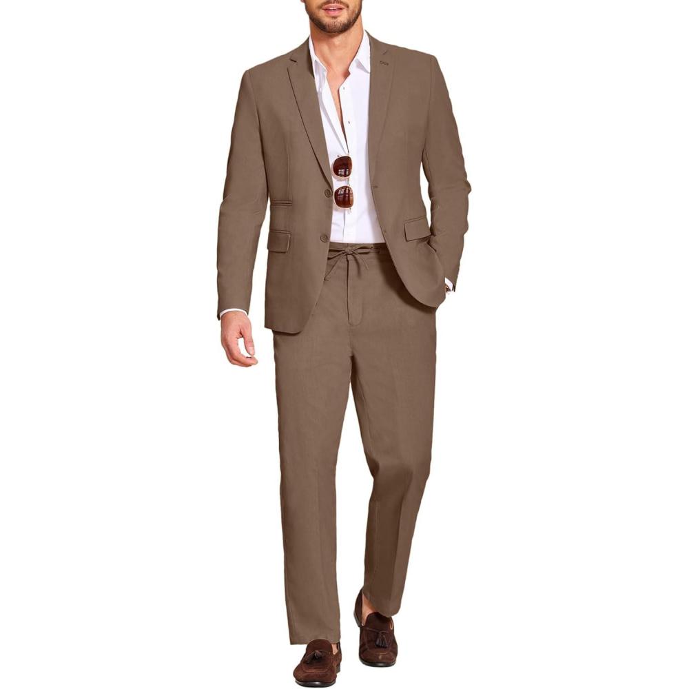 imageCOOFANDY Mens 2 Piece Linen Suits Set Regular Fit Casual Lightweight Blazer Jacket and PantsBrown