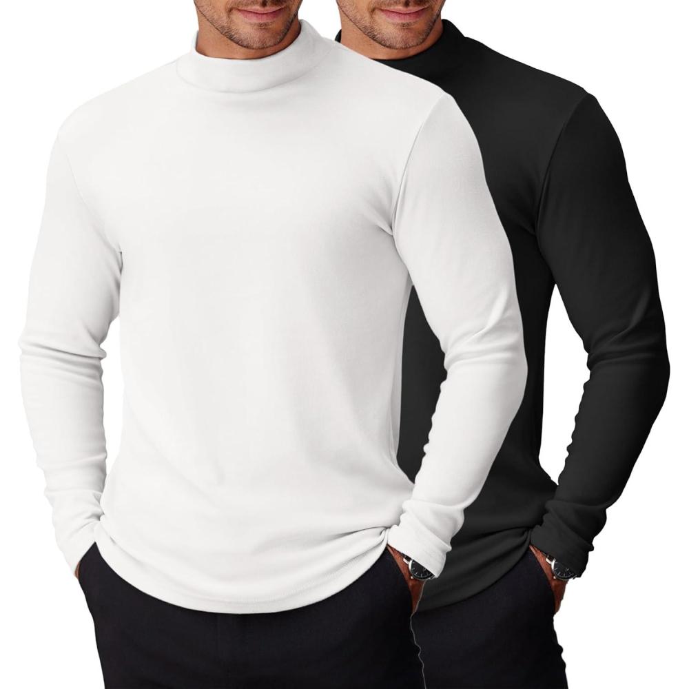 imageCOOFANDY Mens Mock Turtleneck Long Sleeve Shirts Basic Thermal Turtle Neck Undershirt Lightweight Pullover Sweaters TopTwo Pack  BlackWhite
