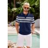 imageCOOFANDY Mens Knit Polo Shirts Casual Short Sleeve Button Down Shirts Crochet Classic Golf Polo Collared ShirtsBlue With Gray Stripes