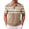 imageCOOFANDY Mens Knit Polo Shirts Casual Short Sleeve Button Down Shirts Crochet Classic Golf Polo Collared ShirtsKhaki With White Stripes