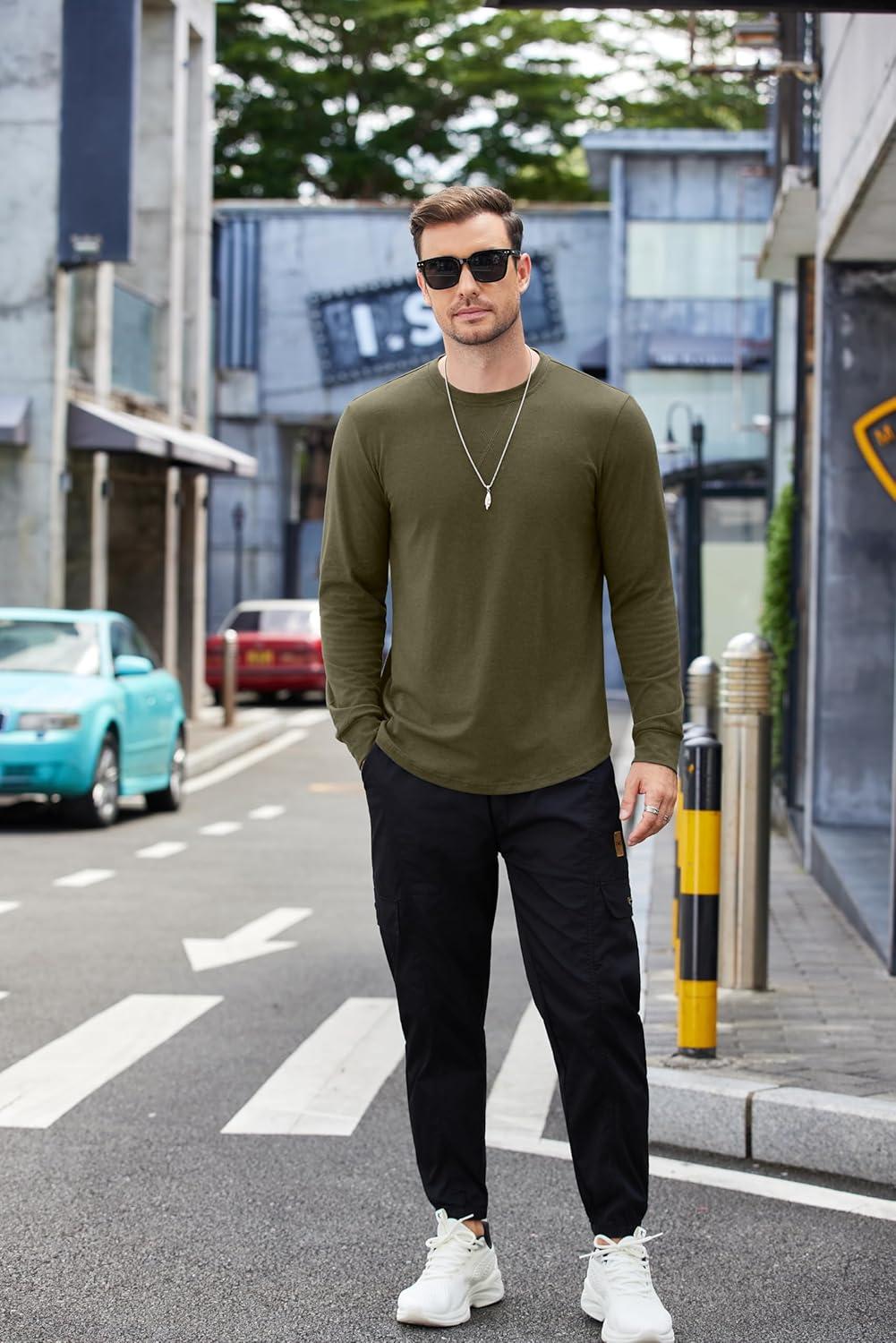 imageCOOFANDY Mens Cotton Hipster Hip Hop Longline Crewneck T Shirts Casual Long Sleeve Tees Curved Hem Gym ShirtsOne Piece Army Green