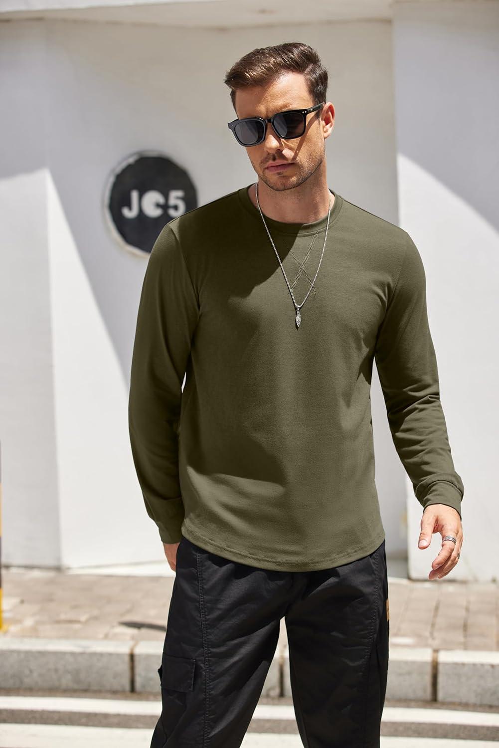 imageCOOFANDY Mens Cotton Hipster Hip Hop Longline Crewneck T Shirts Casual Long Sleeve Tees Curved Hem Gym ShirtsOne Piece Army Green